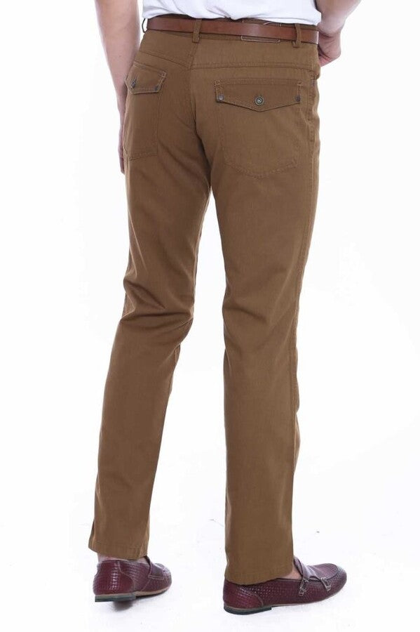 WSS Suede Flap Pockets Plain Cotton Brown Men Pants  - Wellington
