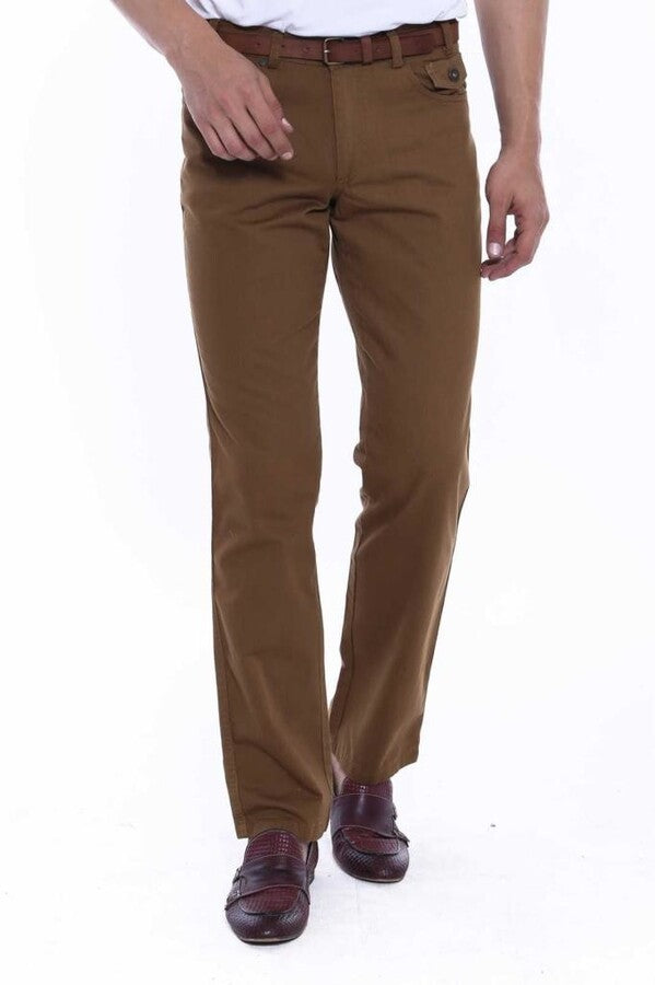 WSS Suede Flap Pockets Plain Cotton Brown Men Pants  - Wellington