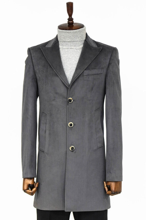 WSS Suede Slim Fit Long Grey Men Coat  - Battle Creek