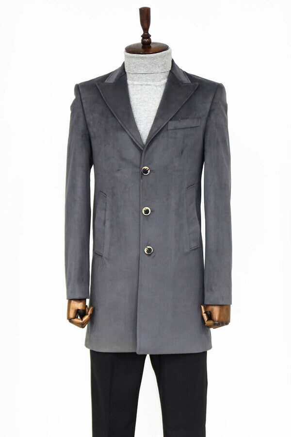 WSS Suede Slim Fit Long Grey Men Coat  - Battle Creek