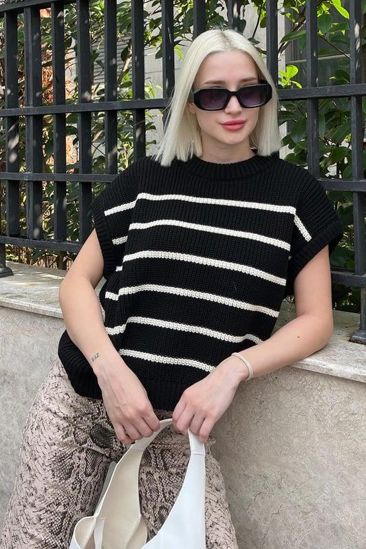 MDX Siyah/Beyaz Çizgili Triko Süveter MG2159 - Parral