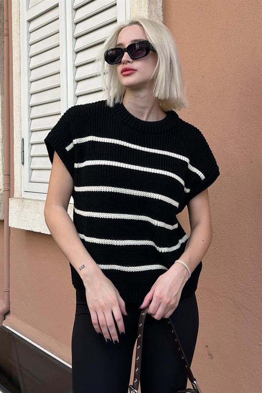 MDX Siyah/Beyaz Çizgili Triko Süveter MG2159 - Parral