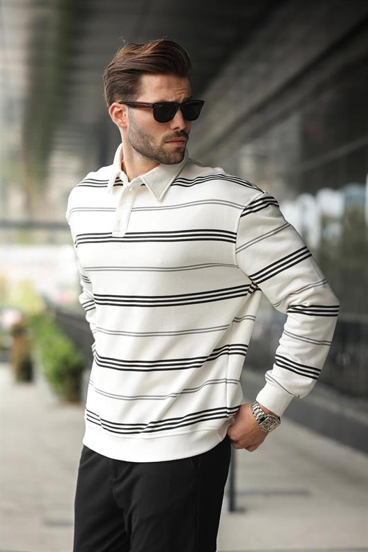 MDX Ekru Çizgili Polo Yaka Erkek Sweatshirt E7172 - Kempten