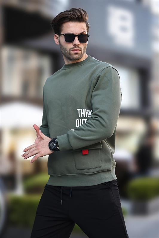 MDX Haki Bicycle Collar Shawl Pocket Detailed Printed Men's Sweatshirt 7061 - White Rock