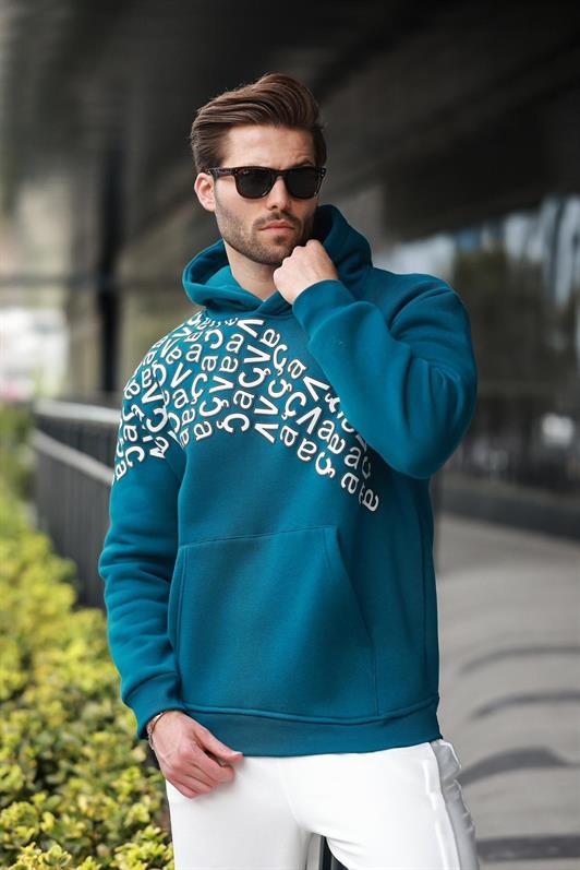 MDX Men's Hooded Sweatshirt with Petrol Green Print E7160 - Xicotepec de Juárez