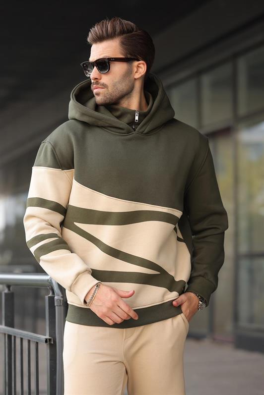 MDX Haki Kapüşonlu Fermuar Yaka Desenli Erkek Sweatshirt E7162 - DeSoto