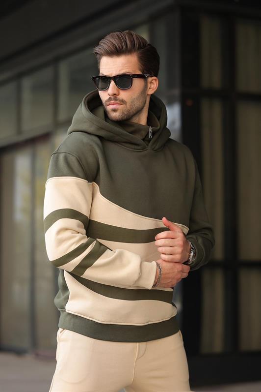 MDX Haki Kapüşonlu Fermuar Yaka Desenli Erkek Sweatshirt E7162 - DeSoto