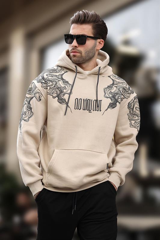 MDX Beige Hooded Pocket Detailed Printed Men's Sweatshirt 7052 - Little Rock