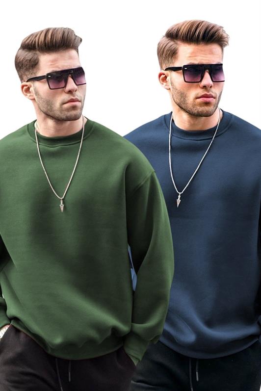 MDX Haki/Lacivert Bisiklet Yaka Oversize Şardonlu Basic Erkek 2'Li Paket Sweatshirt E7447 - Villejuif