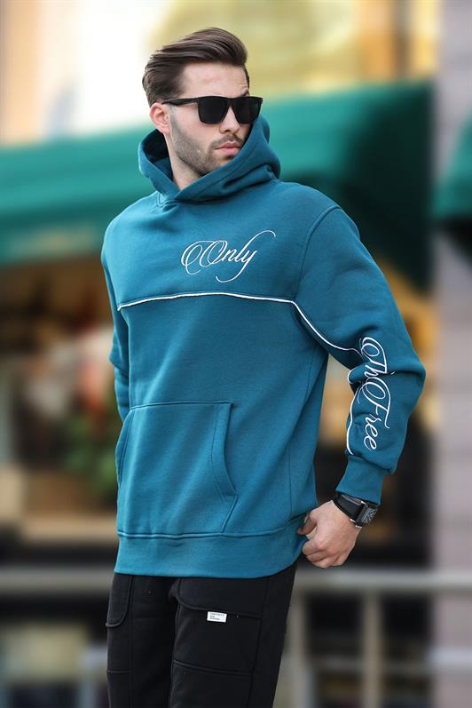 MDX Petrol Blue Hooded Striped Detail Printed Men's Sweatshirt 7091 - Kannapolis