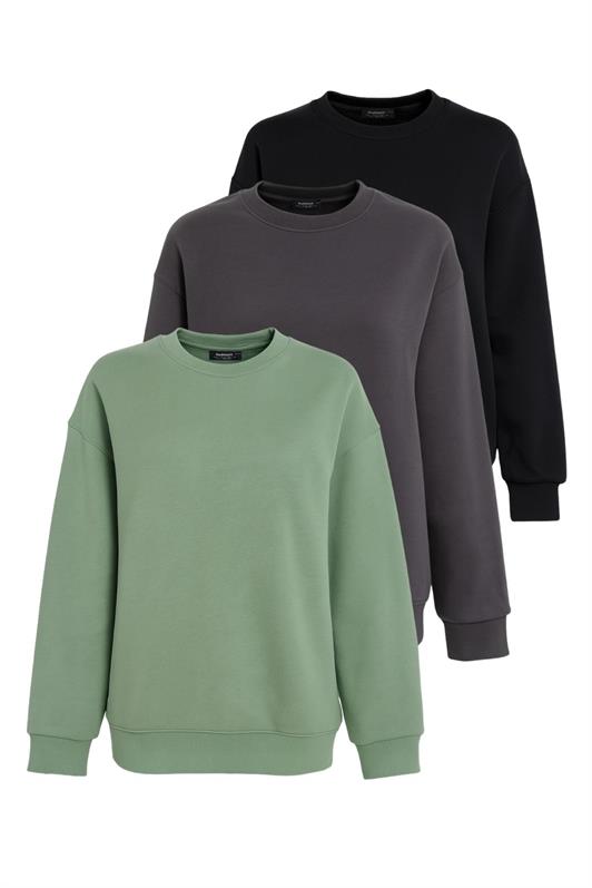 MDX Mint Yeşili/Füme/Siyah Bisiklet Yaka Basic 3'Lü Paket Sweatshirt MG2595 - Chilliwack