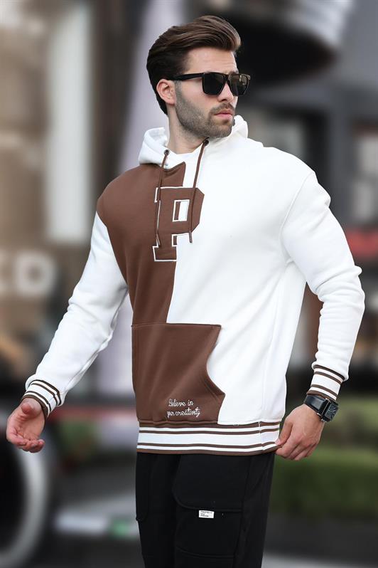 MDX Ecru Color Block Hooded Printed Men's Sweatshirt 7078 - Salisbury
