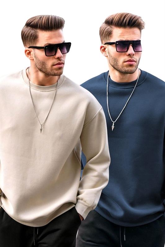 MDX Bej/Lacivert Bisiklet Yaka Oversize Şardonlu Basic Erkek 2'Li Paket Sweatshirt E7447 - Dalton