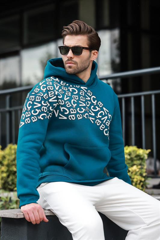 MDX Men's Hooded Sweatshirt with Petrol Green Print E7160 - Xicotepec de Juárez