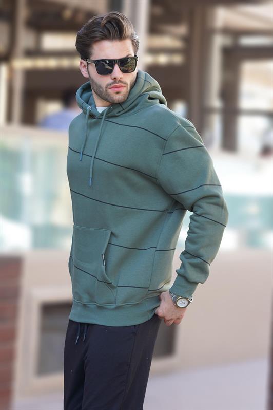 MDX Haki Hooded Striped Men's Sweatshirt with Pocket Detail 7063 - La Barca