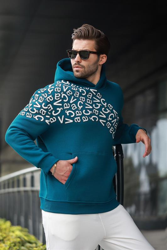 MDX Men's Hooded Sweatshirt with Petrol Green Print E7160 - Xicotepec de Juárez