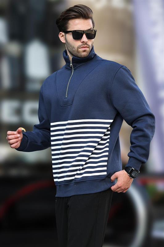 MDX Navy Blue Striped Sweatshirt with Zipper Collar 7056 - Argyroúpoli