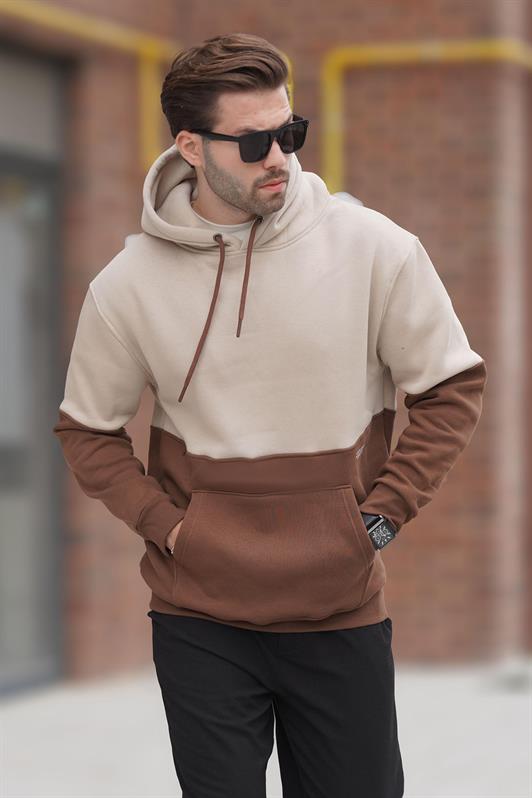 MDX Beige Hooded Color Block Printed Detail Men's Sweatshirt 7046 - Duisburg
