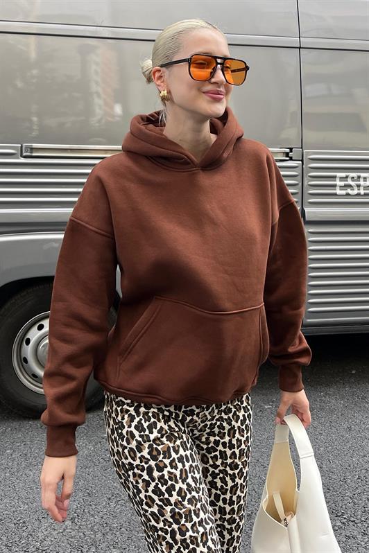 MDX Painful Brown Hooded Oversized Pocketed Sweatshirt with Mustard MG2206 - Snizhne