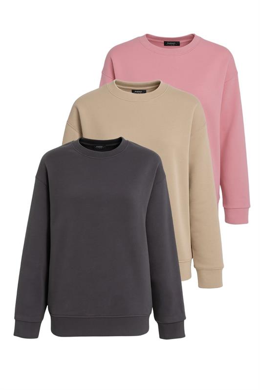 MDX Pembe/Füme/Bej Bisiklet Yaka Basic 3'Lü Paket Sweatshirt MG2595 - Châteauroux