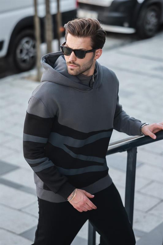 MDX Men's Smoke Hooded Zip Neck Patterned Sweatshirt E7162 - Madrid