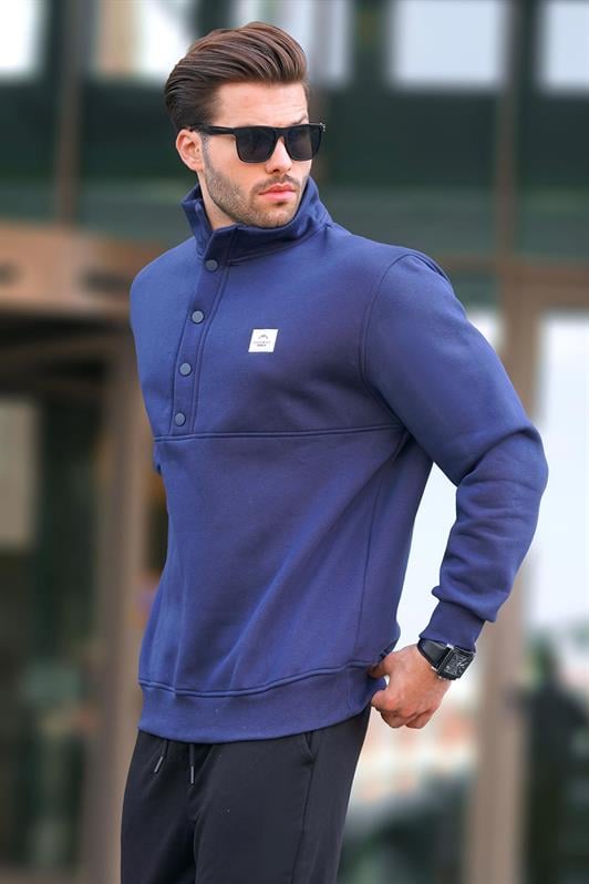 MDX Navy Blue High Neck Button Detailed Men's Sweatshirt 7060 - Huelva
