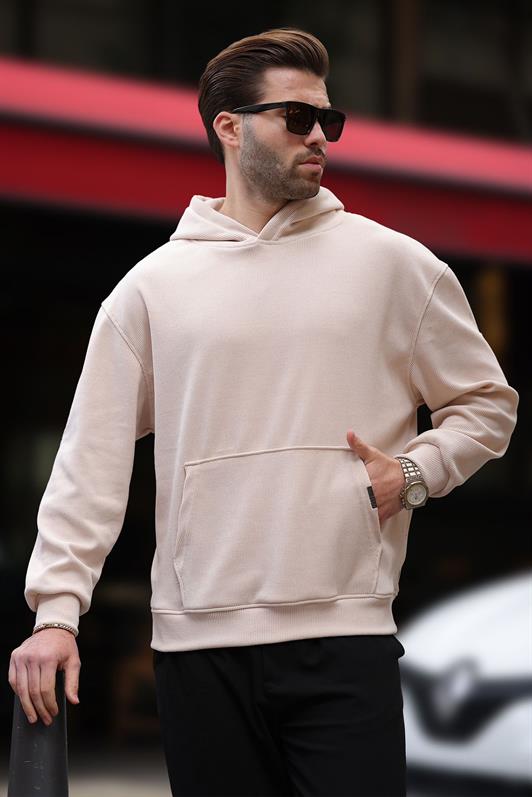 MDX Beige Hooded Textured Sweatshirt with Pocket Detail E7101 - Enid