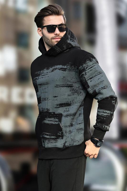 MDX Black Hooded Patterned Pocket Detailed Men's Sweatshirt 7059 - Bergen op Zoom