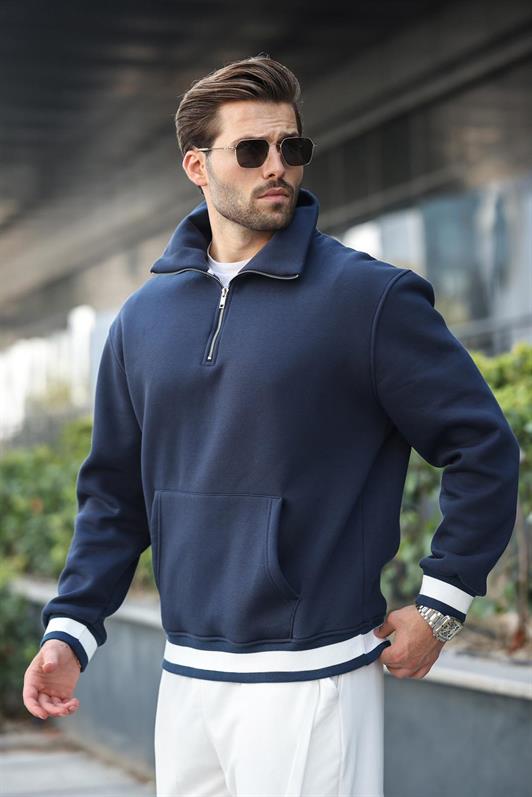MDX Navy Zippered Stand-up Collar Kangaroo Pocket Men's Sweatshirt E7159 - Midland