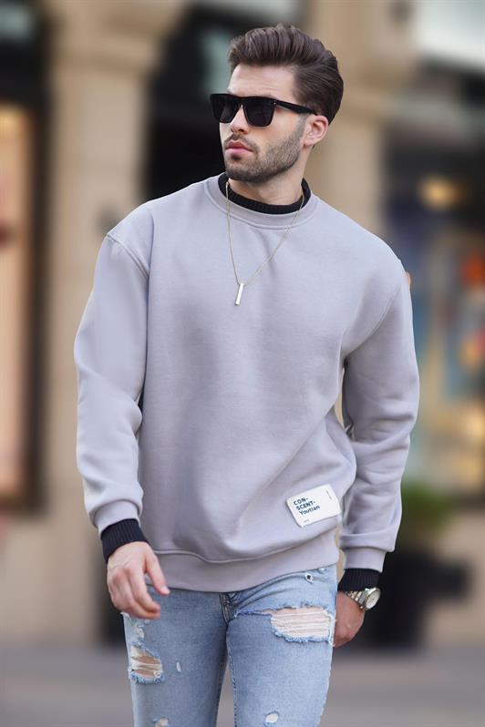 MDX Painted Gray Bicycle Collar Oversized Raglan Sleeve Detailed Men's Sweatshirt 7043 - Santa María Atzompa