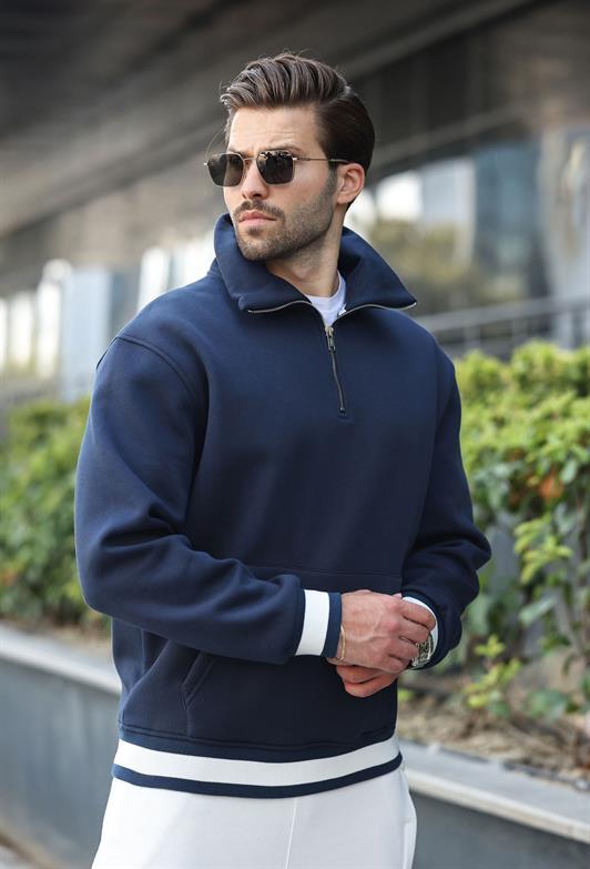 MDX Navy Zippered Stand-up Collar Kangaroo Pocket Men's Sweatshirt E7159 - Midland