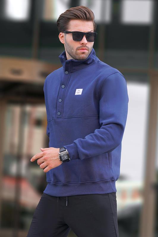 MDX Navy Blue High Neck Button Detailed Men's Sweatshirt 7060 - Huelva