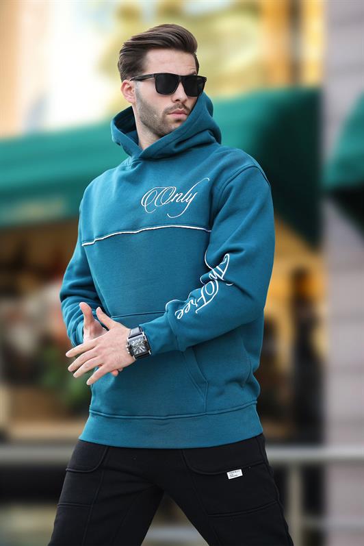 MDX Petrol Blue Hooded Striped Detail Printed Men's Sweatshirt 7091 - Kannapolis