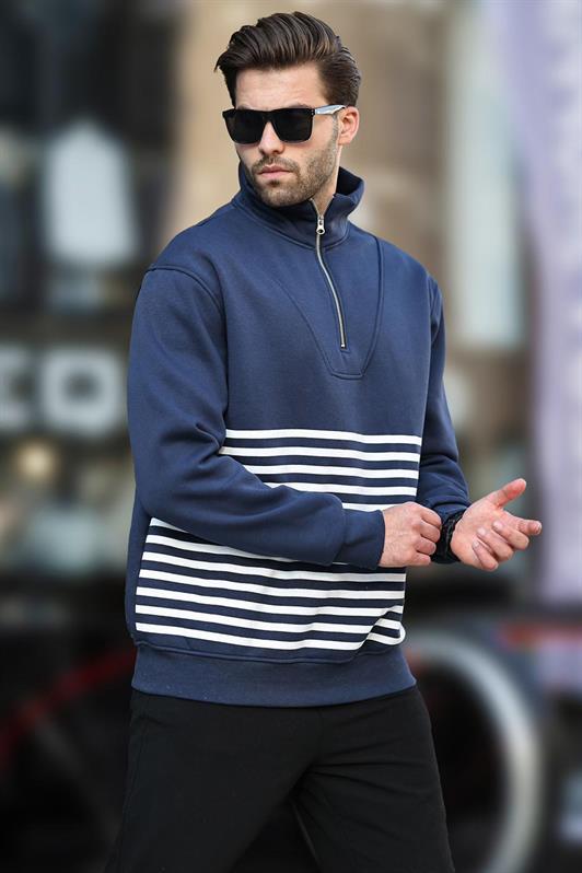 MDX Navy Blue Striped Sweatshirt with Zipper Collar 7056 - Argyroúpoli
