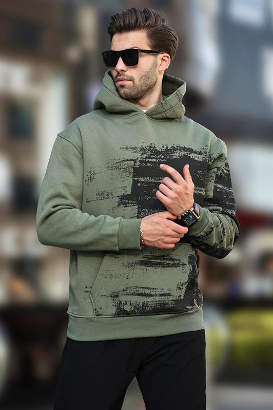 MDX Haki Hooded Patterned Men's Sweatshirt with Pocket Detail 7059 - Focşani