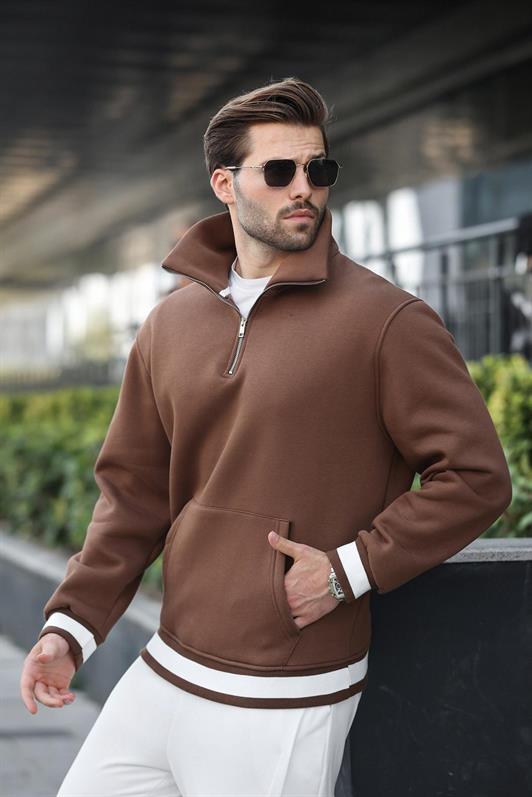 MDX Brown Zippered Stand Collar Kangaroo Pocket Men's Sweatshirt E7159 - Tempe