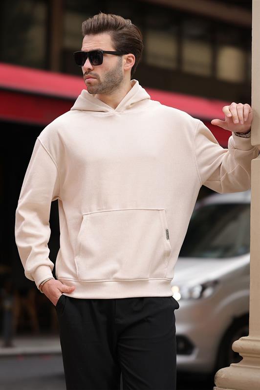 MDX Beige Hooded Textured Sweatshirt with Pocket Detail E7101 - Enid