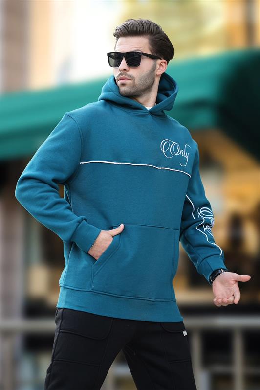 MDX Petrol Blue Hooded Striped Detail Printed Men's Sweatshirt 7091 - Kannapolis