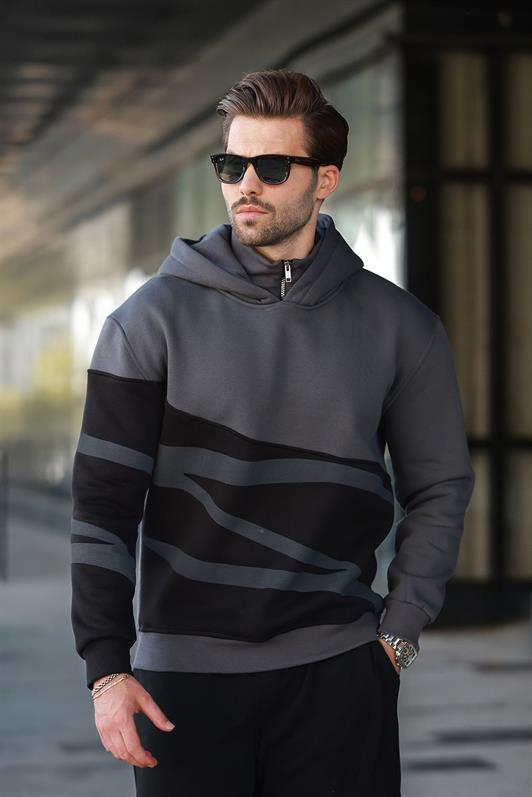 MDX Men's Smoke Hooded Zip Neck Patterned Sweatshirt E7162 - Madrid