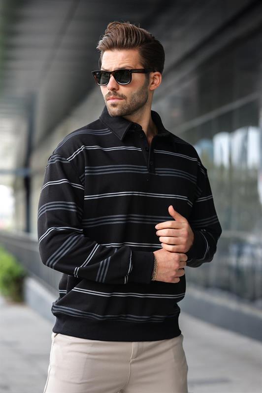 MDX Black Striped Polo Neck Men's Sweatshirt E7172 - Gap