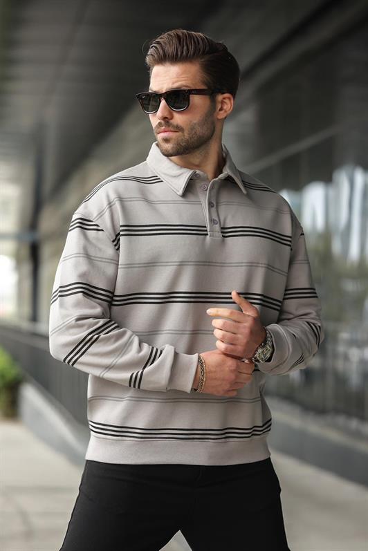 MDX Boyalı Gri Çizgili Polo Yaka Erkek Sweatshirt E7172 - Évry