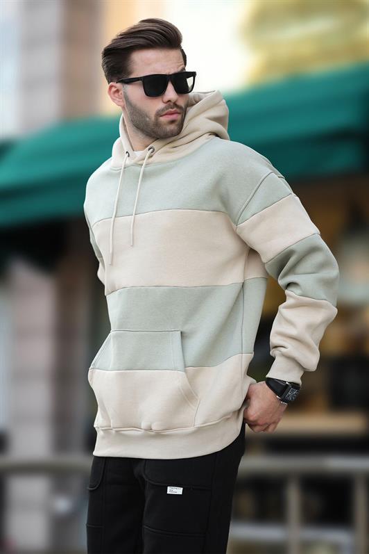 MDX Beige Hooded Color Block Men's Sweatshirt with Pocket Detail 7044 - Sykiés