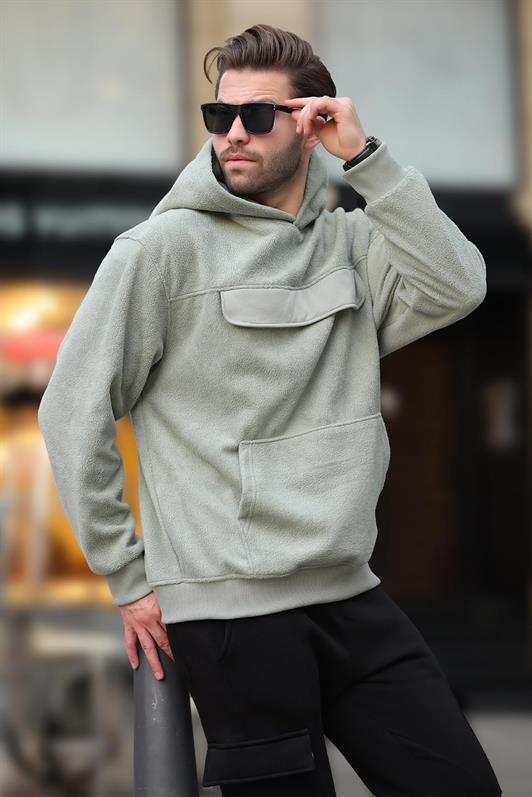 MDX Pistachio Green Hooded Zippered Pocket Detailed Men's Polar Sweatshirt 7097 - State College