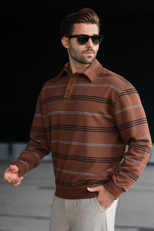 MDX Kahverengi Çizgili Polo Yaka Erkek Sweatshirt E7172 - Kanata