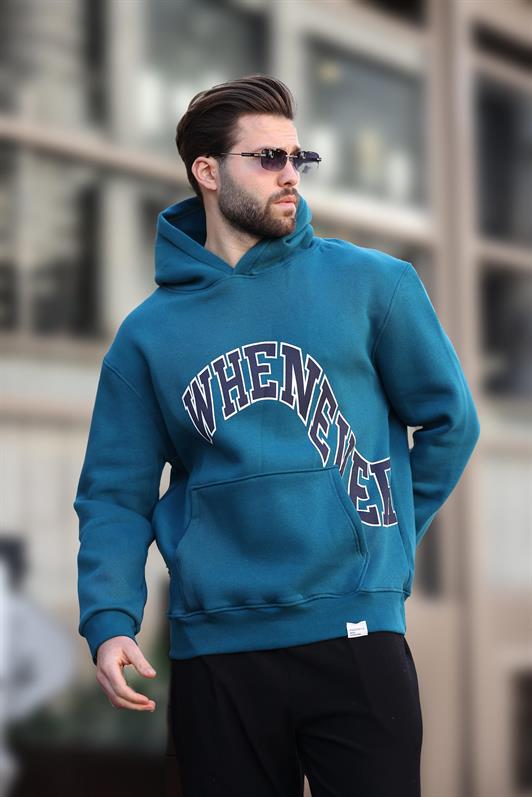 MDX Men's Sweatshirt with Petrol Blue Hood and Printed Pocket Detail E7065 - Manchester