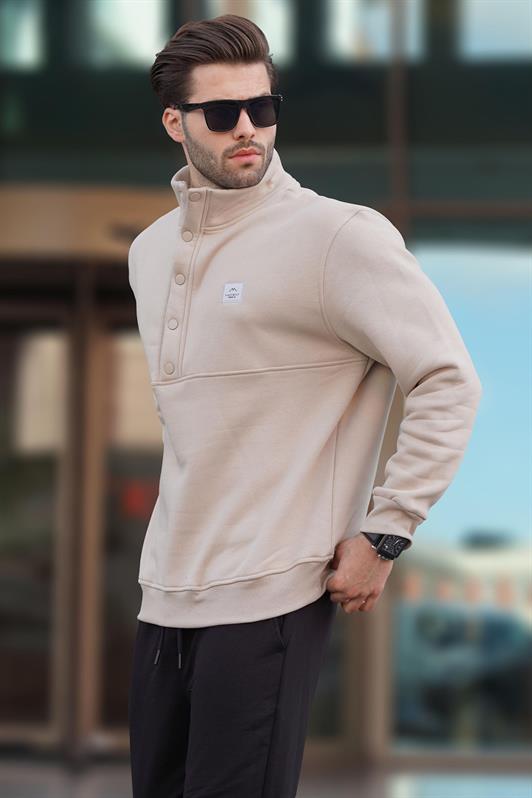 MDX Beige Crew Neck Button Detailed Men's Sweatshirt 7060 - Marion