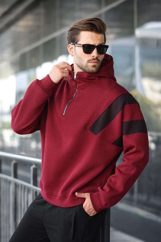 MDX Burgundy Zippered Collar Hooded Men's Sweatshirt E7161 - Charlottesville