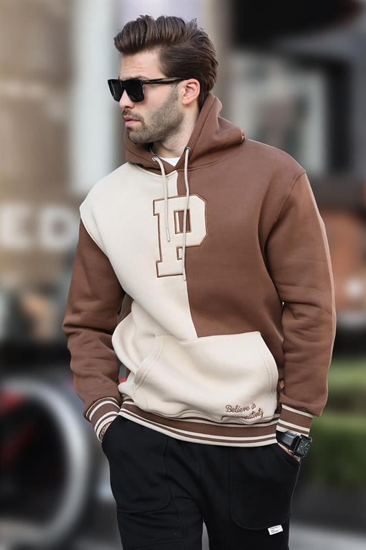 MDX Brown Color Block Hooded Printed Men's Sweatshirt 7078 - Meudon