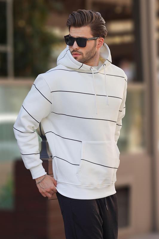 MDX Ecru Hooded Striped Men's Sweatshirt with Pocket Detail 7063 - Gatineau
