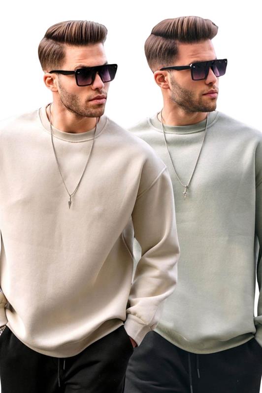 MDX Bej/MintYeşili Bisiklet Yaka Oversize Şardonlu Basic Erkek 2'Li Paket Sweatshirt E7447 - Riverhead
